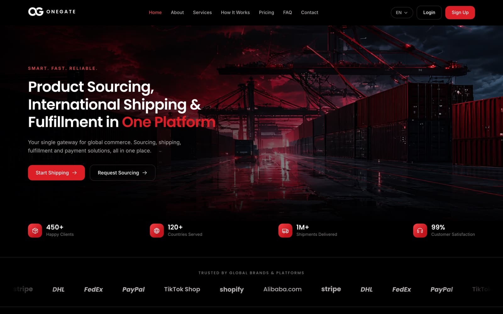 OneGate landing page — product sourcing, international shipping and fulfillment in one platform