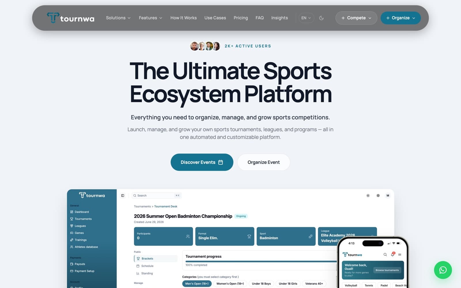 Tournwa landing page — the ultimate sports ecosystem platform for organizing tournaments and leagues